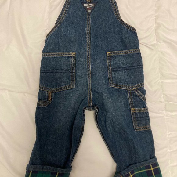 OshKosh 18M Blue Jean Denim Green Plaid Check Lined Cuff Overalls - Picture 3 of 7